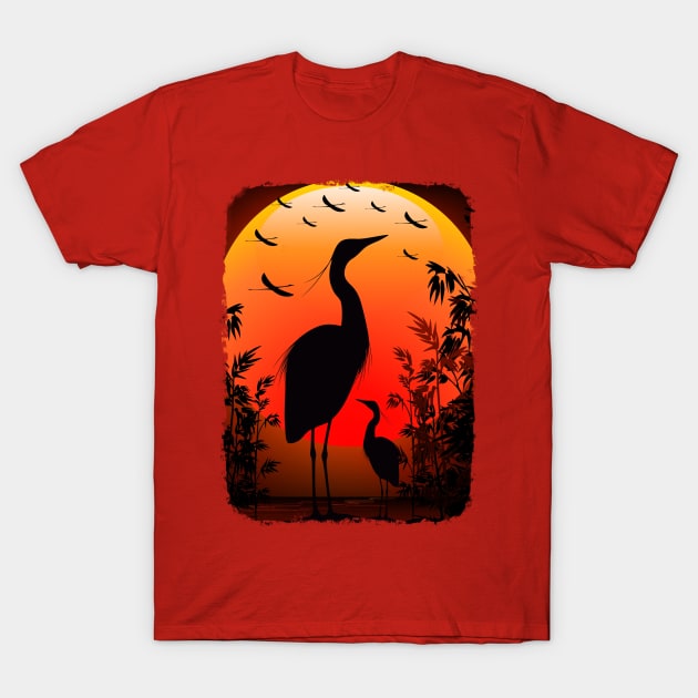 Heron Shape on Peaceful Tropical Sunset T-Shirt by BluedarkArt